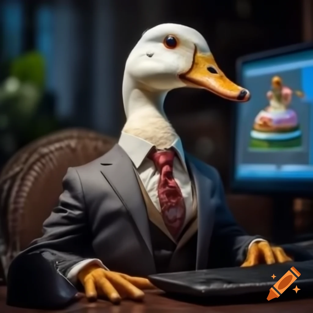 Lifelike duck in suit with squirrel cake and computers