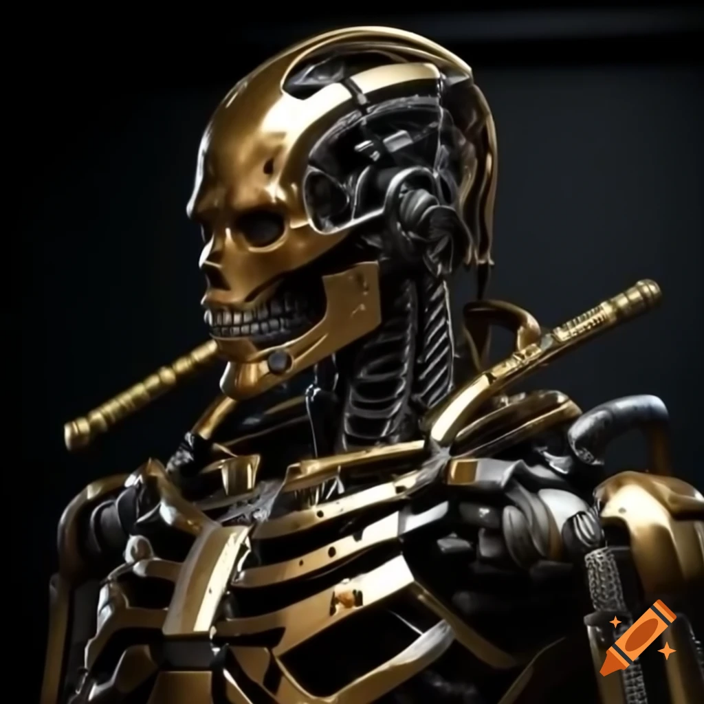 Realistic black endoskeleton of new Terminator with gold and yellow details