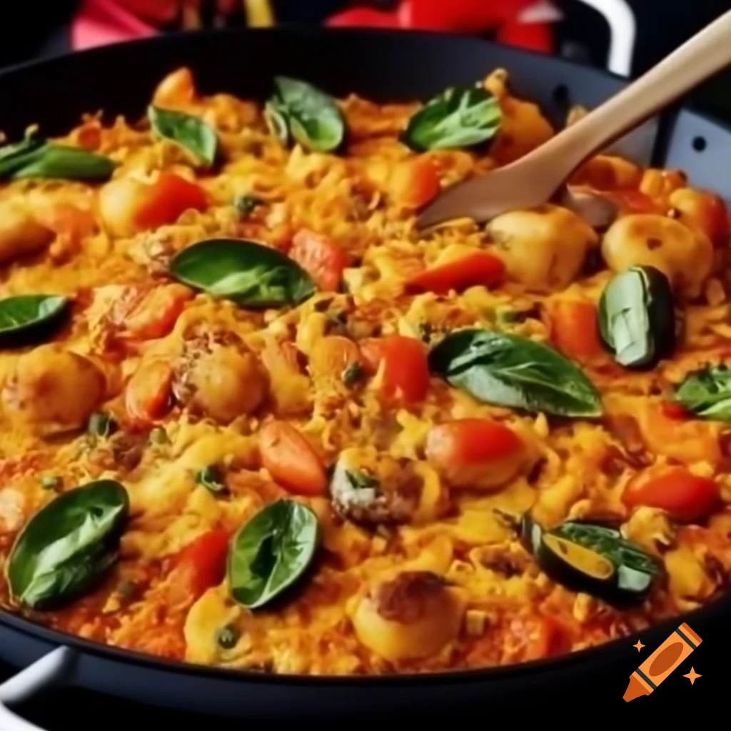 Delicious paella with seafood and vegetables