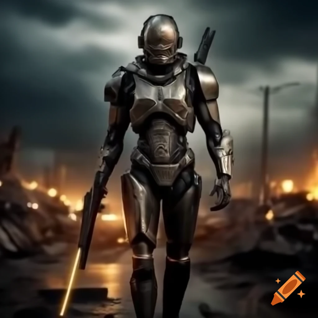 Cyborg warrior in armor with laser rifle in post-apocalyptic wasteland
