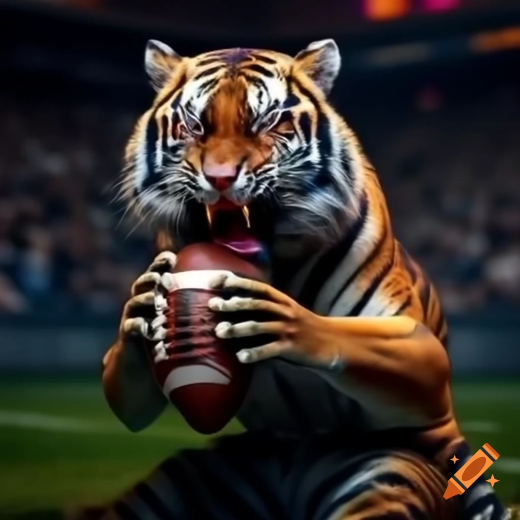 Psychedelic tiger engaged with a football
