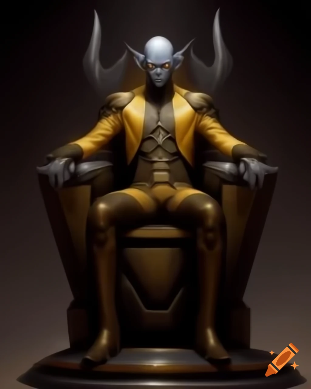 Sci-fi fantasy emperor with grey skin and golden outfit seated on throne