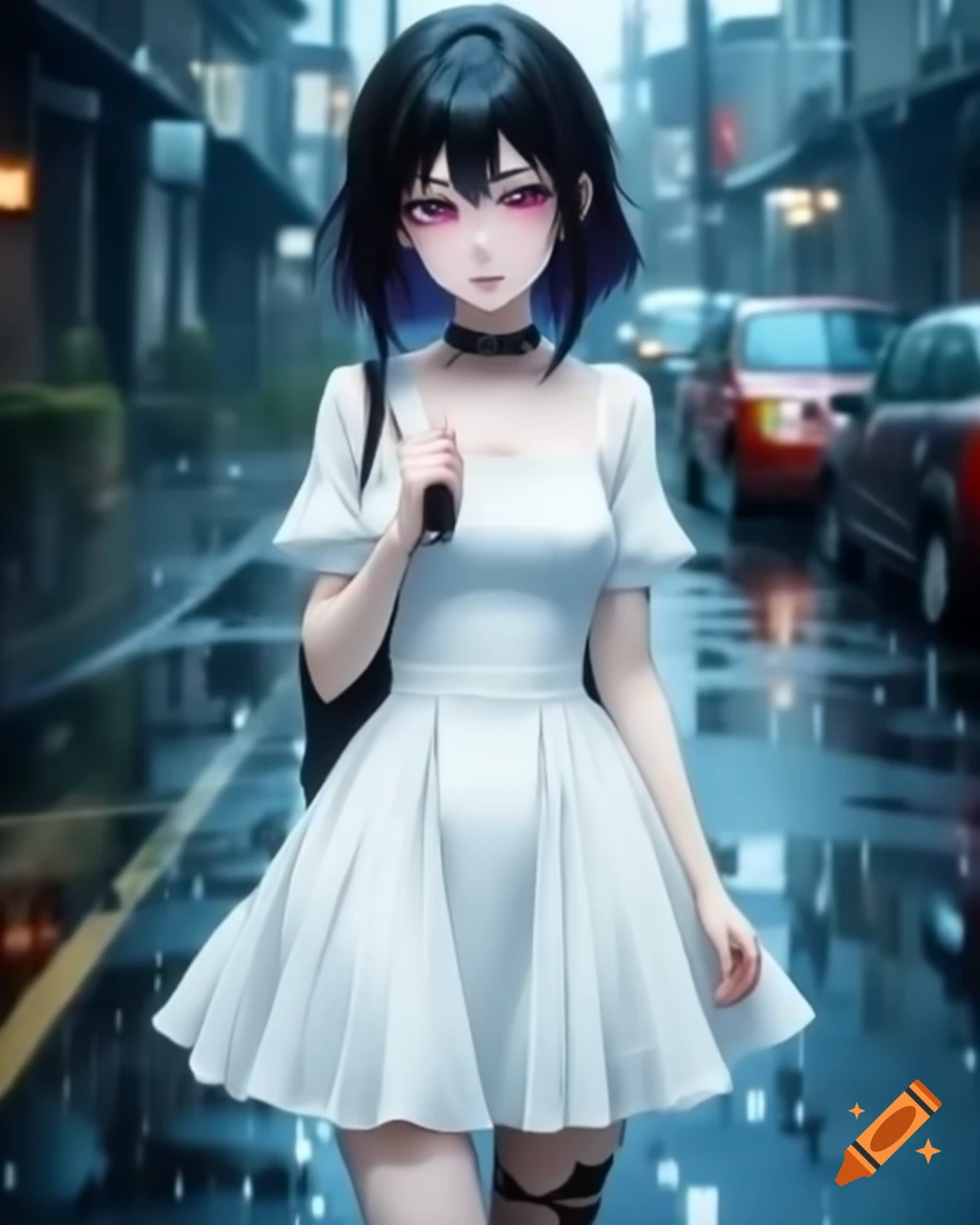 Gothic anime woman in white dress standing in the rain