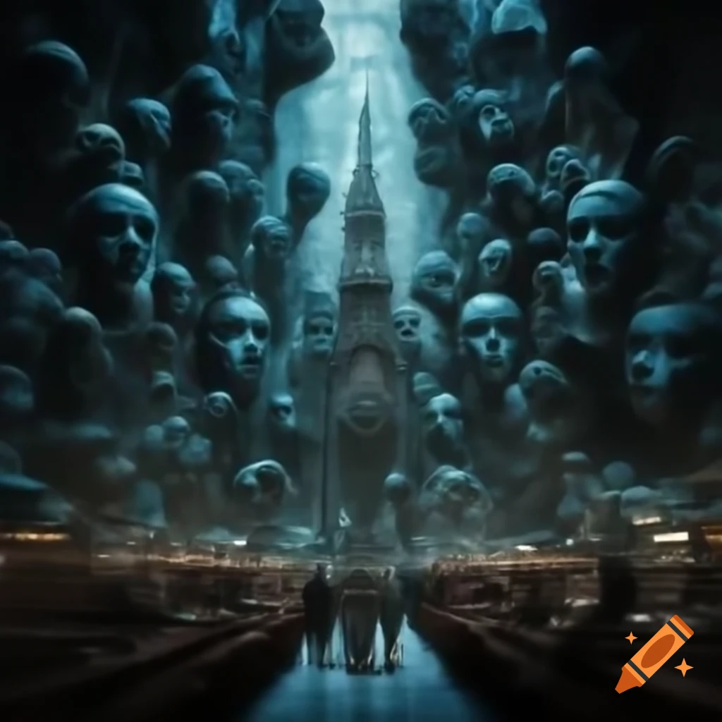 Surreal bronze engraving of bustling church in abyssal depths, blue palette
