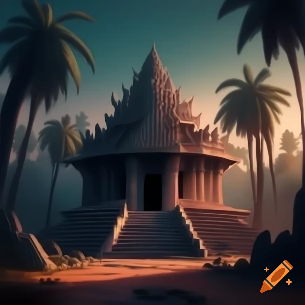 Digital painting of empty temple in palm forest after dusk