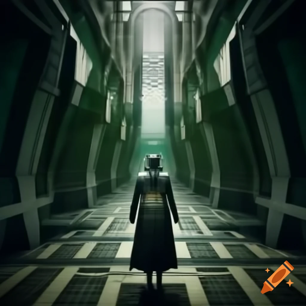 Dystopian future vision featuring Art Deco geometric elegance in deep blue and teal colors
