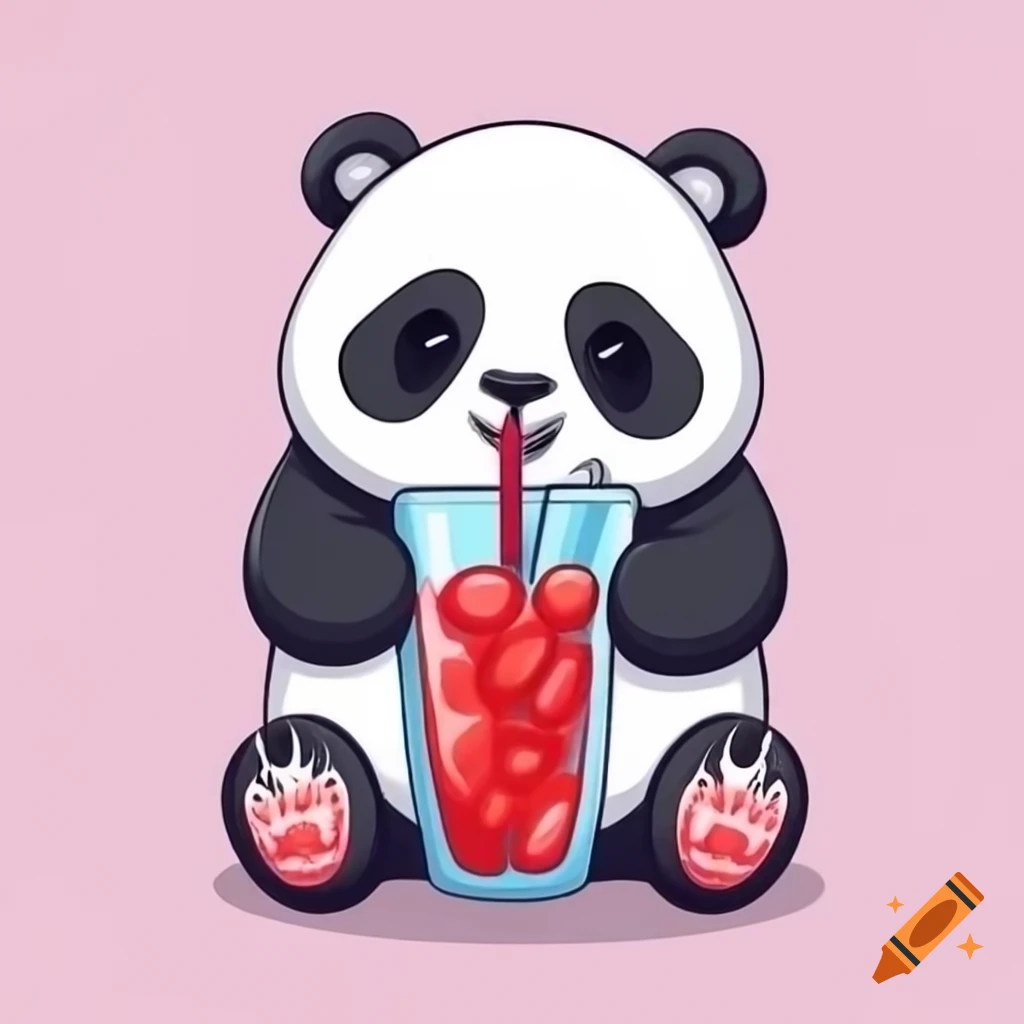 Cartoon panda bear enjoying a strawberry drink