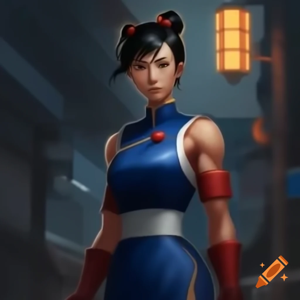 Anime-style Chun-li from Street Fighter in front of floodlight