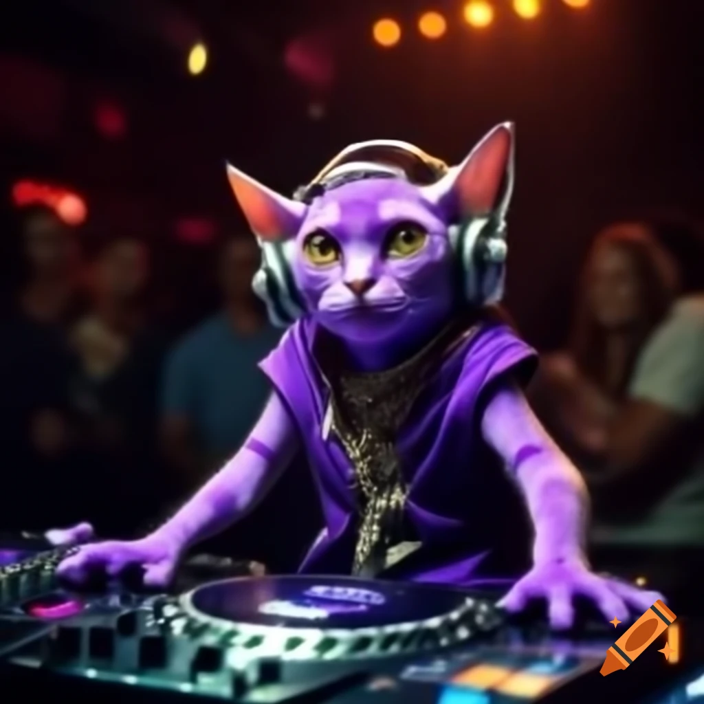 Purple cat goblin DJing at a 1990s nightclub event