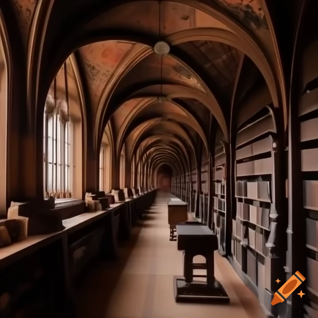 Medieval German library hallway featuring reading stand
