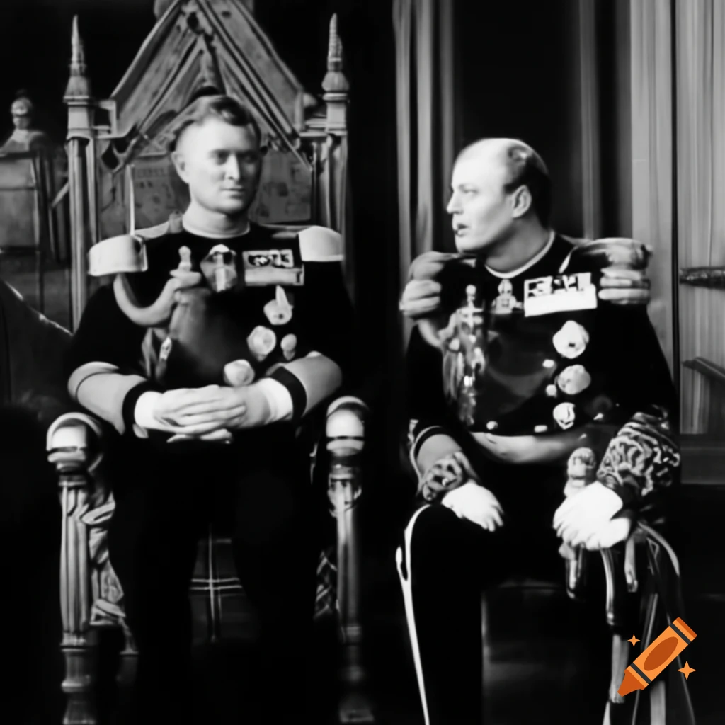 King and military advisor seated on throne