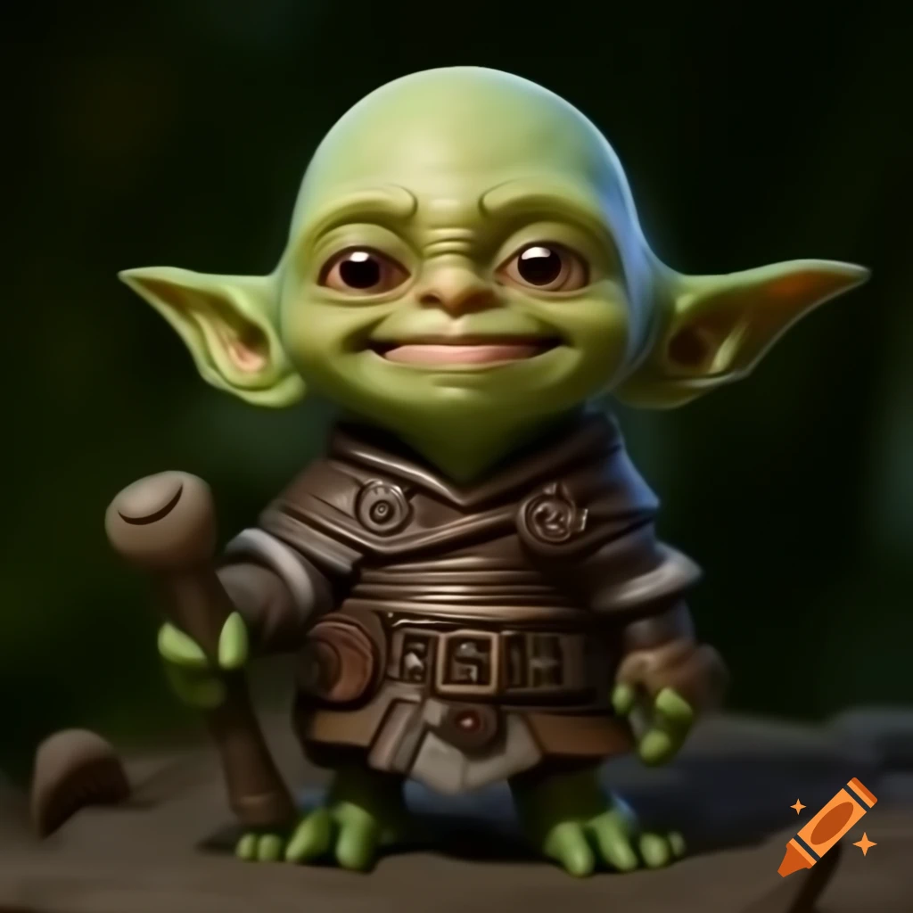 Happy bald green goblin cleric