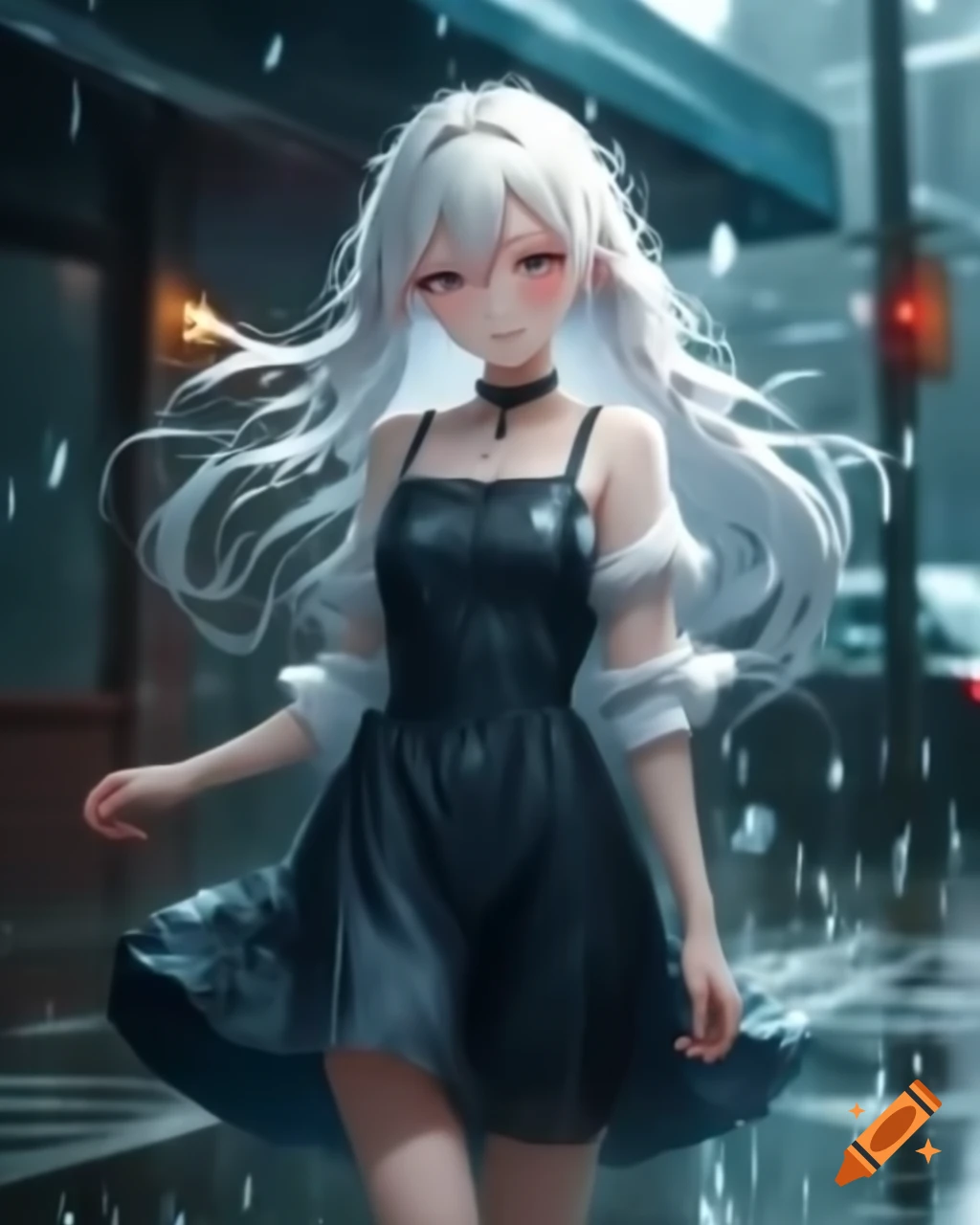 Anime character with white hair and dress in the rain, realistic style