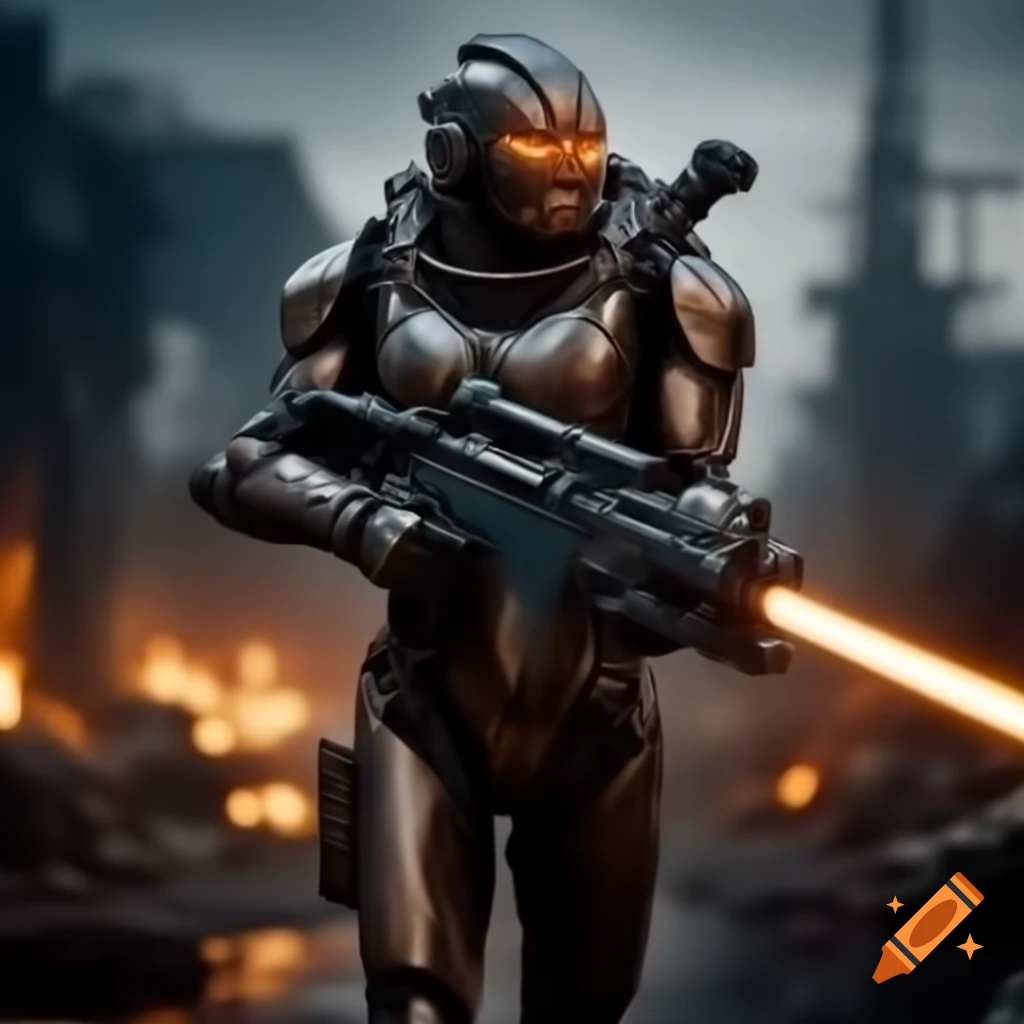 Cyborg warrior in armor with laser rifle in post-apocalyptic wasteland