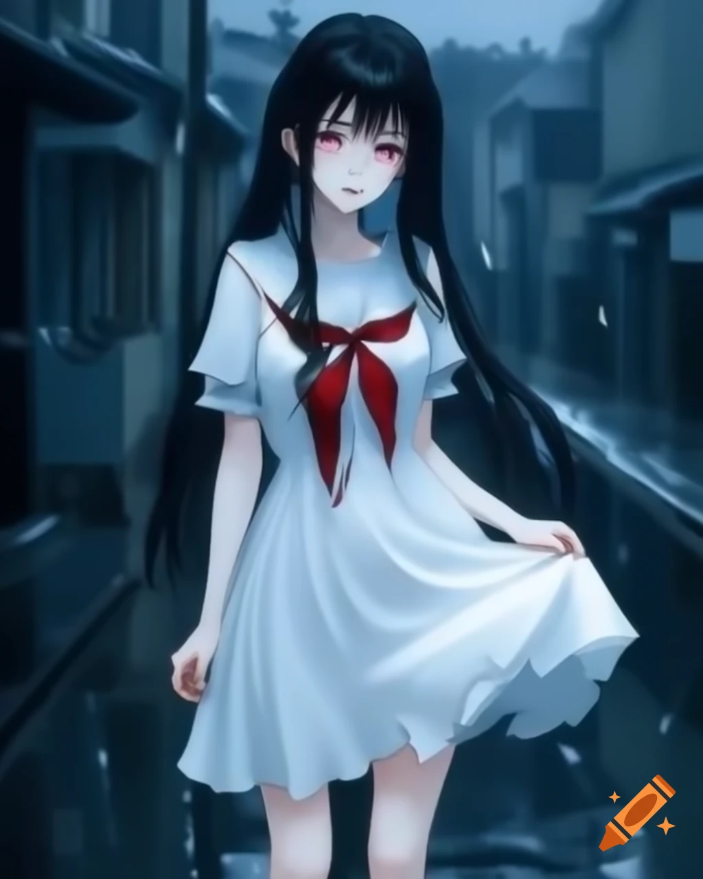 Goth anime woman in white dress standing in the rain