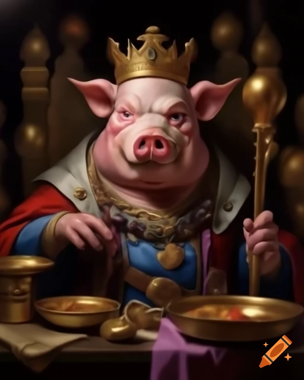 Regal portrait of King Buri-Buri Ziamon, humanoid pig ruler in fantasy kingdom