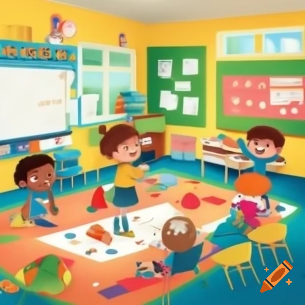 Hyperrealistic artwork of kindergarten kids playing with a banner 'klein im Hain'