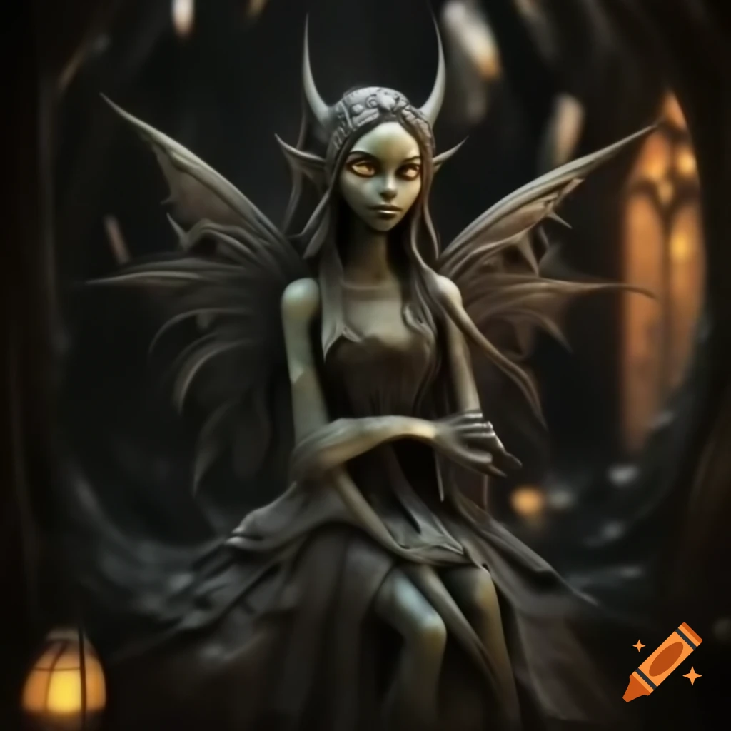 Gothic fairy sculpture in dark enchanted forest, featuring fairy with bat-like wings