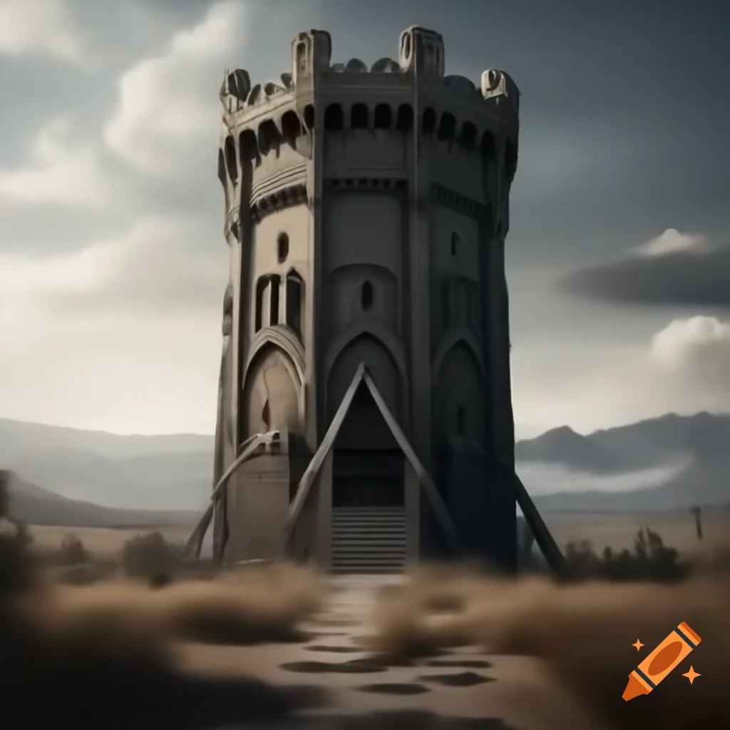 Tall black octagonal medieval tower in wilderness