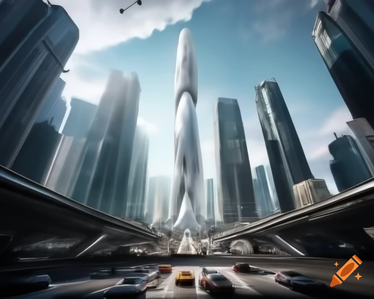 Futuristic cityscape with glass buildings, holographic ads, and flying cars