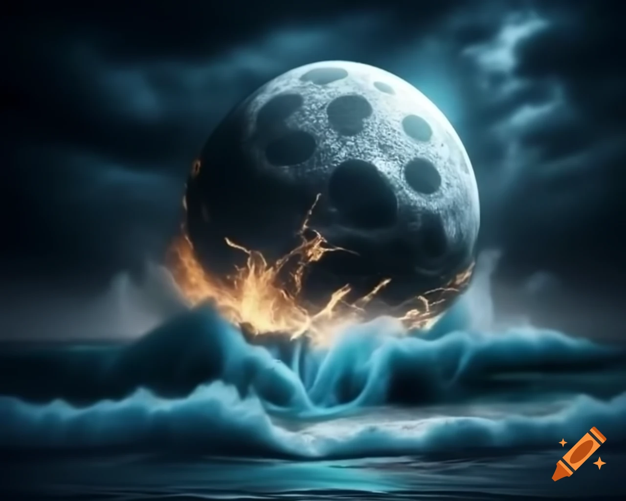 Glowing moon globe above waterfall flowing into stormy ocean with crashing waves