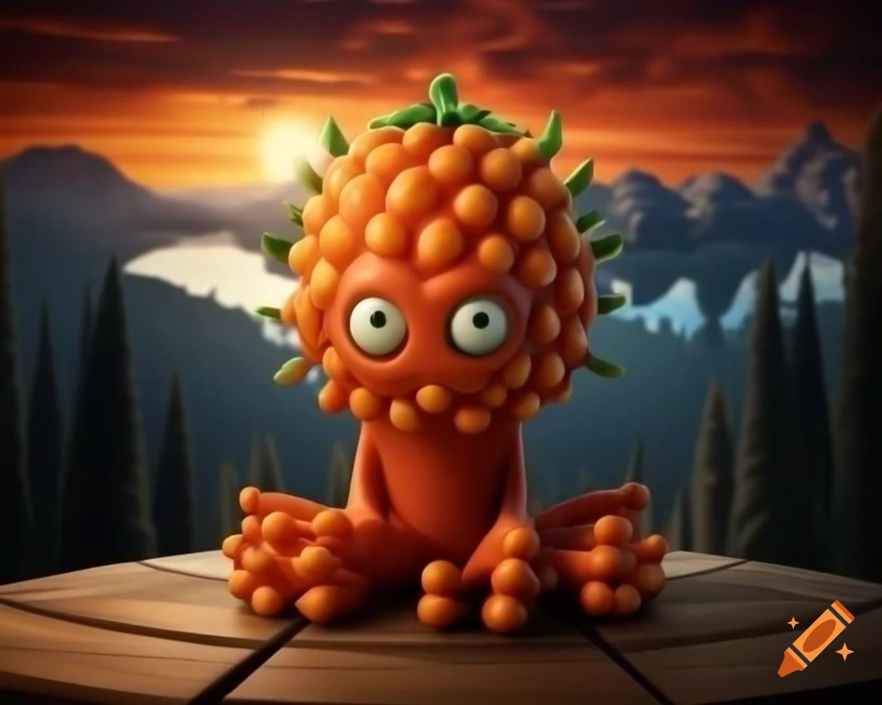 3D orange tree monster with human face on wooden table in forest