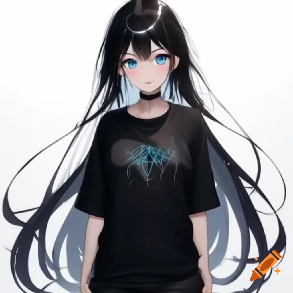 Anime girl with long hair and blue eyes in black pants and T-shirt