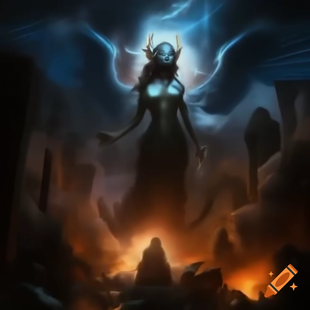 Dream War aftermath with ruins, smoke, and mythological creatures