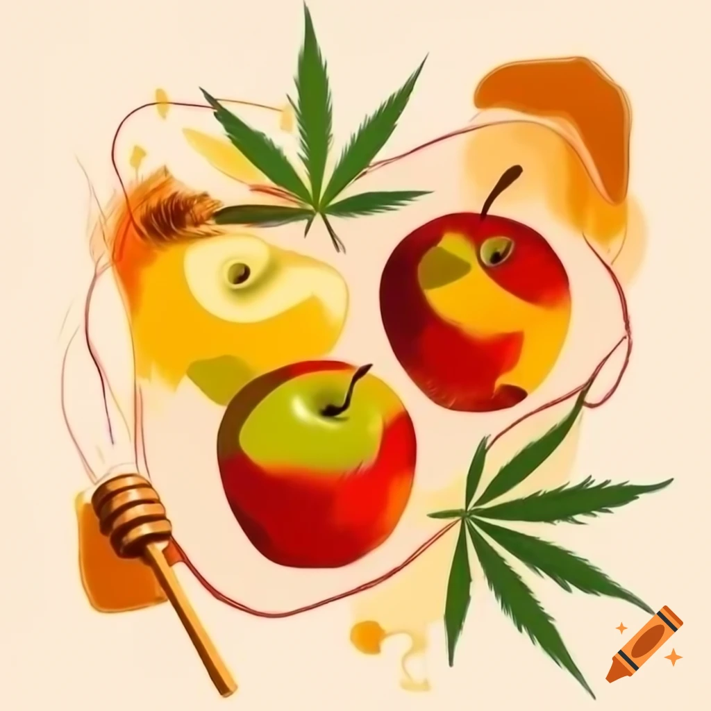 Abstract painting of apples, honey, and marijuana leaves