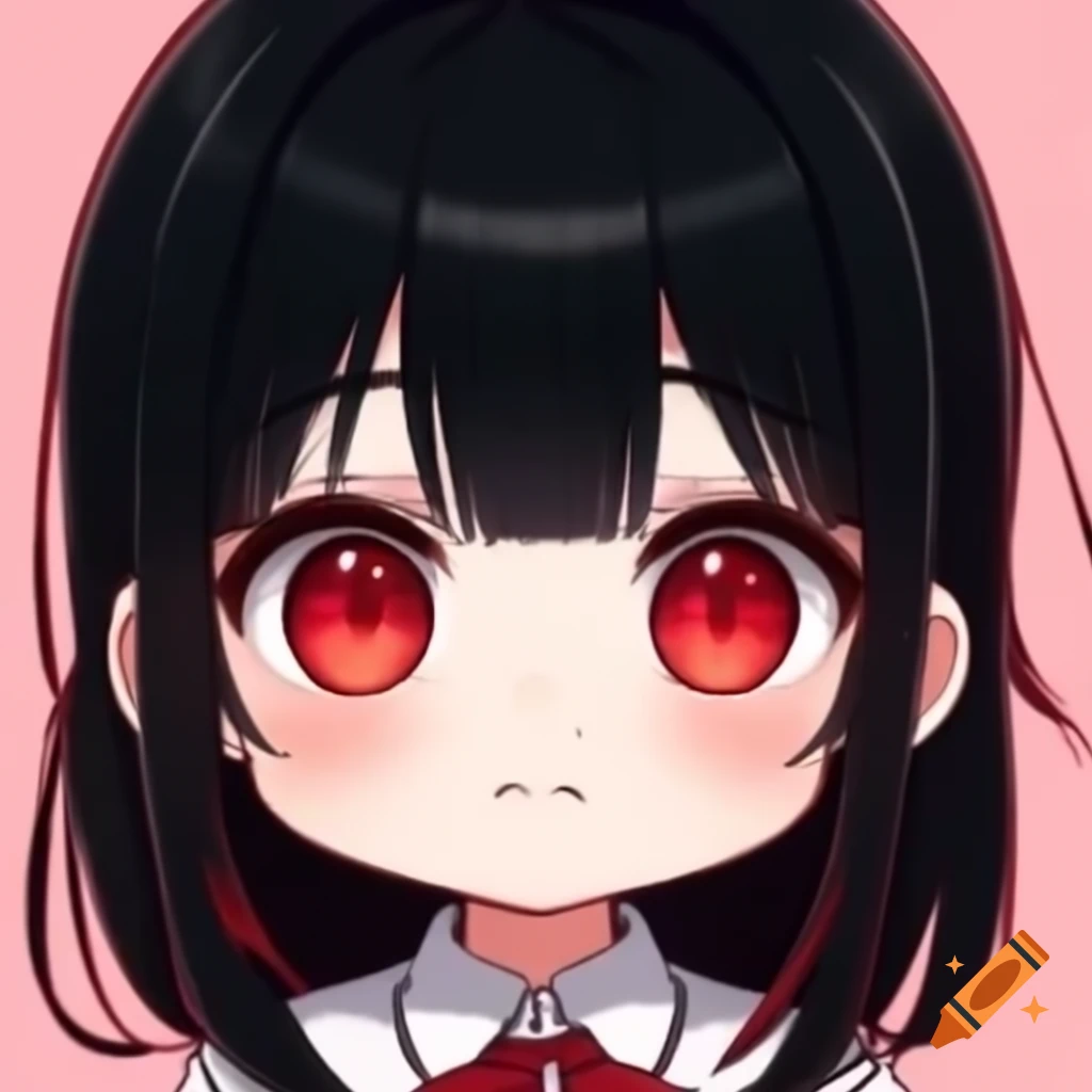 Anime chibi girl with black hair and red eyes