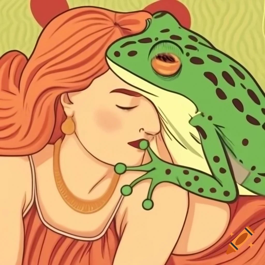 Vintage oil painting of a frog and woman sharing a kiss in Balthus style