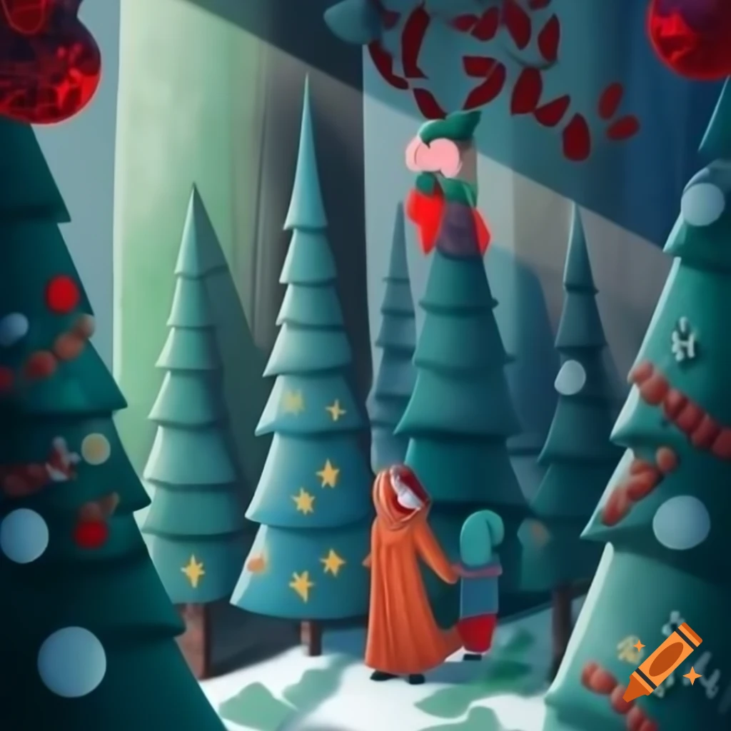Panorama illustration of Christmas forest combining Salish and Russian fairytale motifs