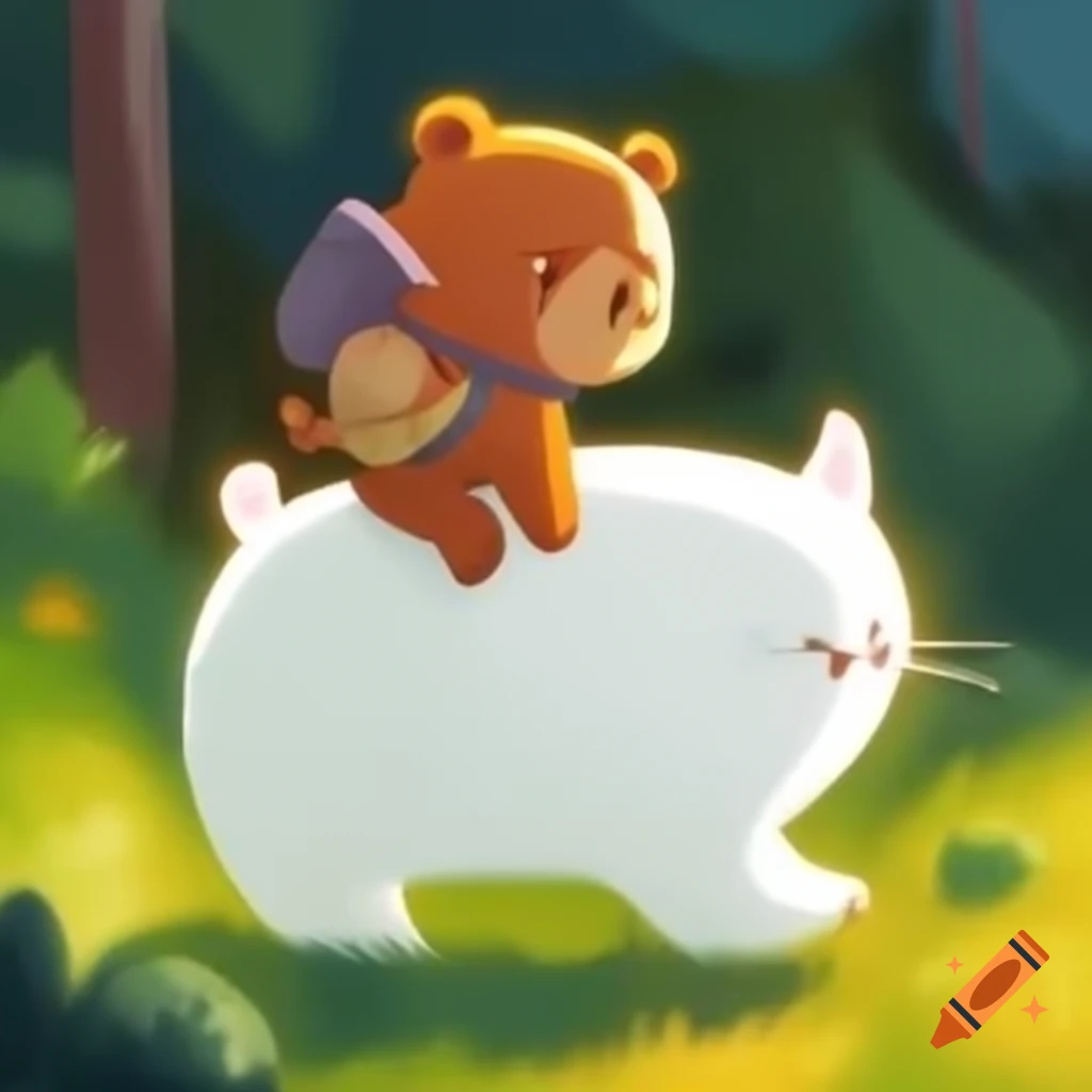 Grizzly bear riding on a white cat in a whimsical scene