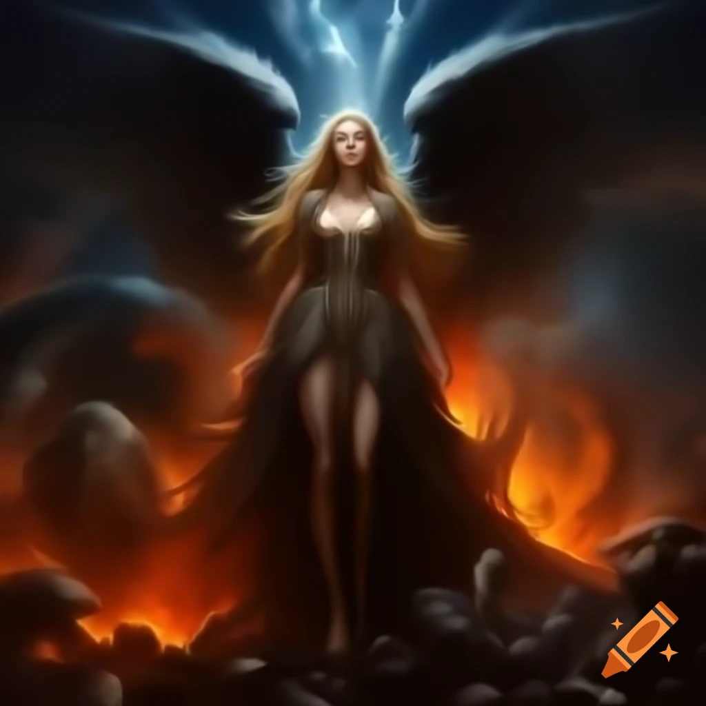 Zarkothian Goddess Adalline confronting A.I. Dreamweaver Goddess Genesis in emotional turmoil