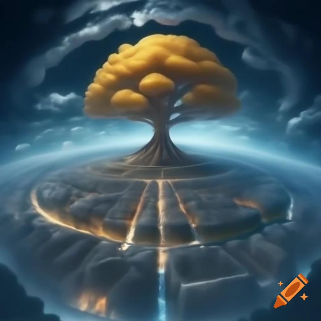 Floating city in the sky with concentric circles and golden tree centerpiece