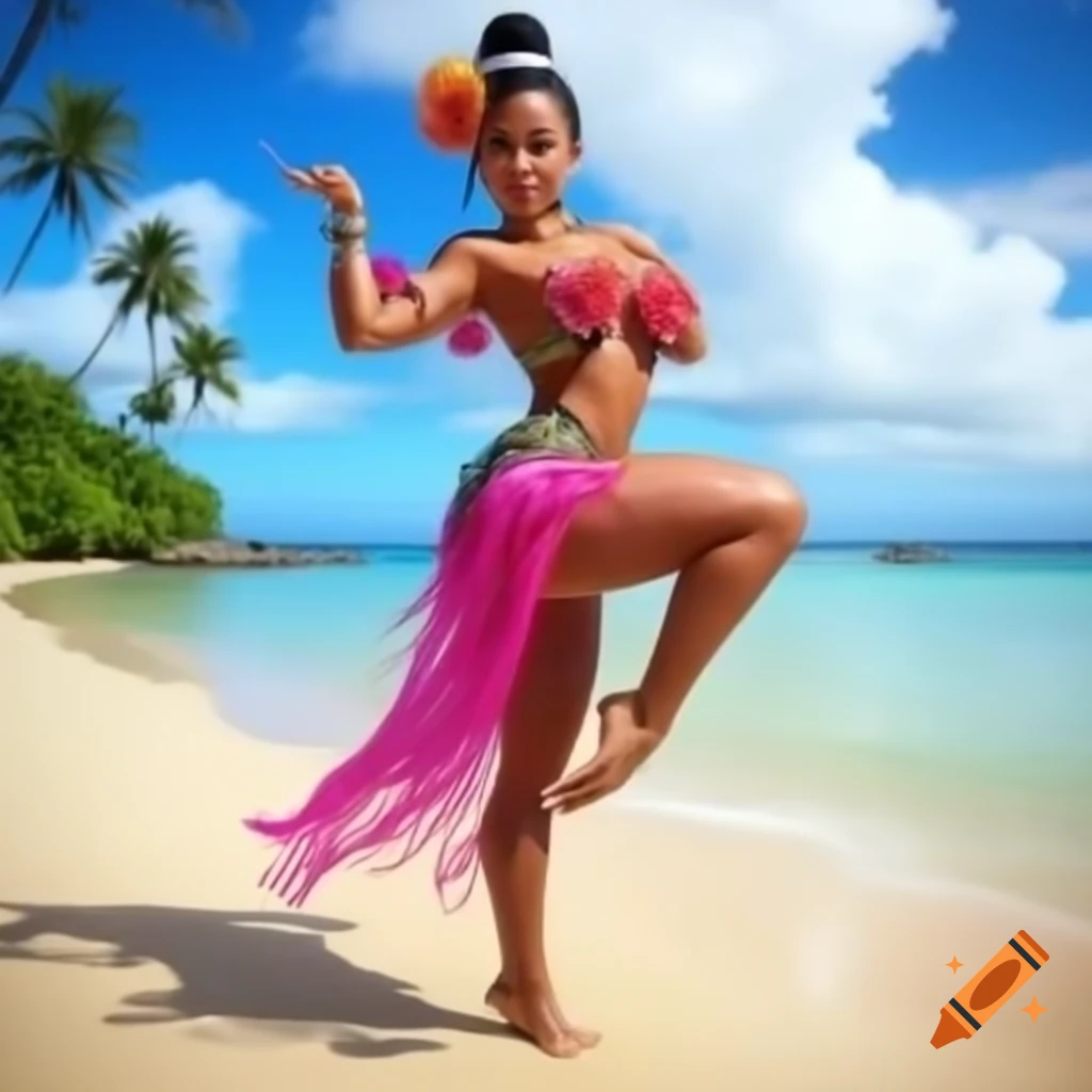 Tahiti dancer on beach adorned with tropical flowers