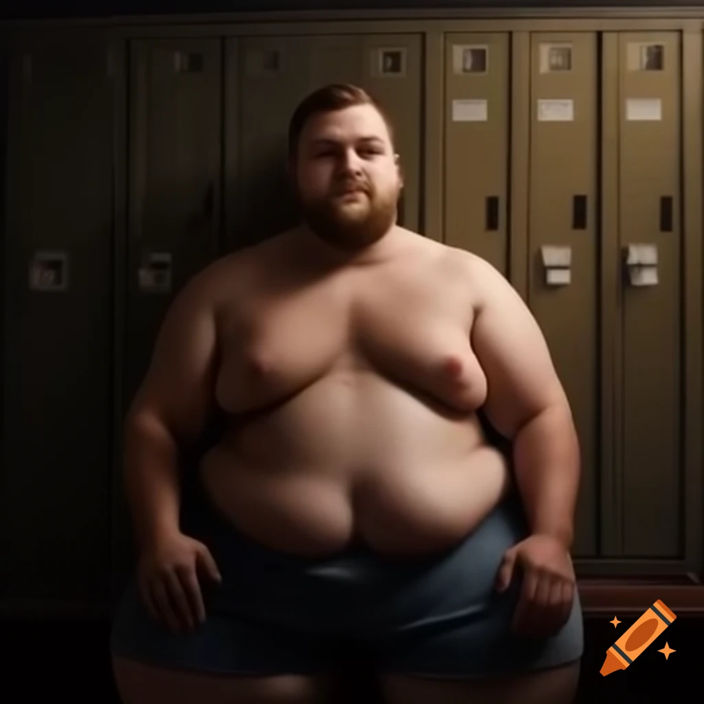 Handsome chubby man in locker room portrait, facing viewer
