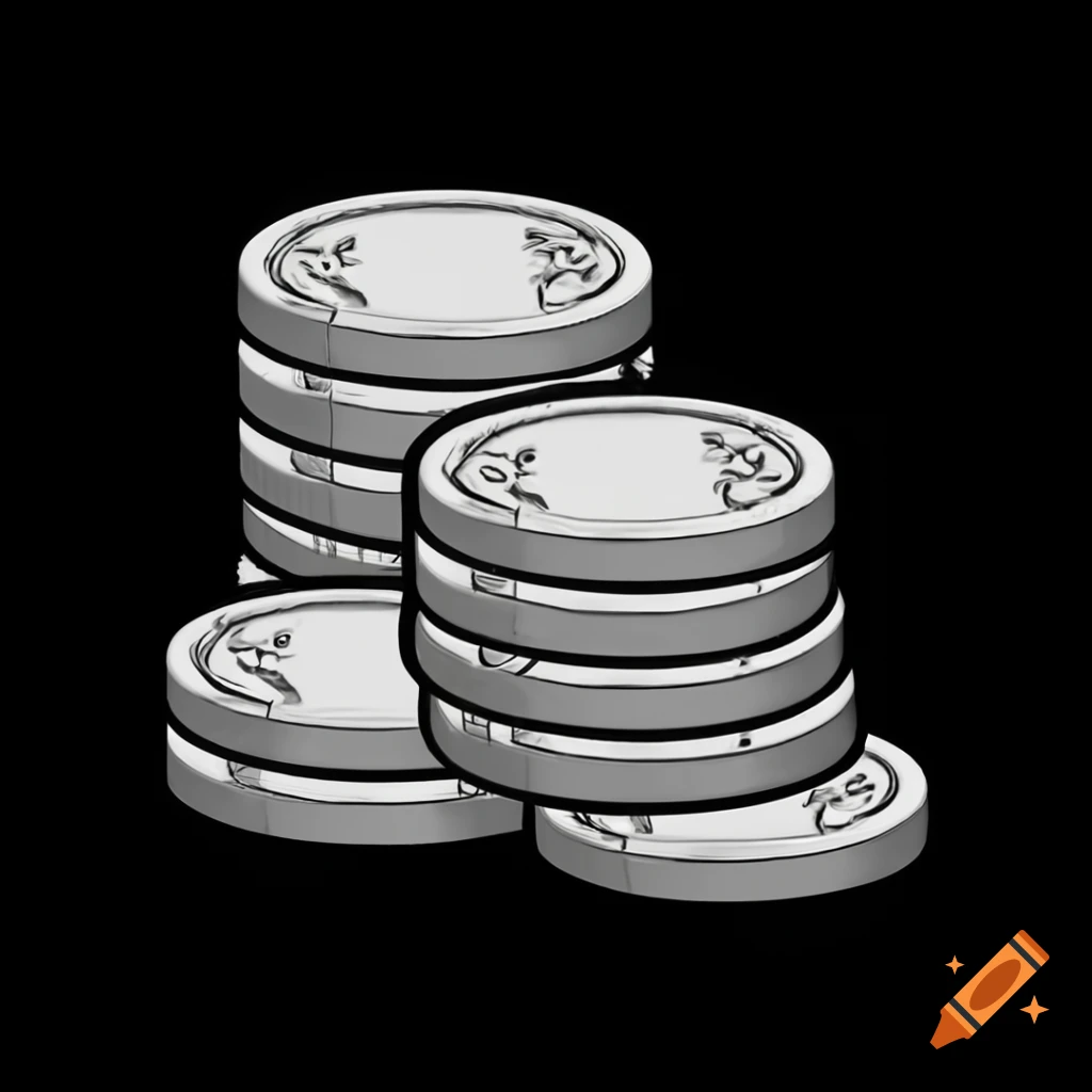 Three stacks of silver coins on a black background in cartoon style