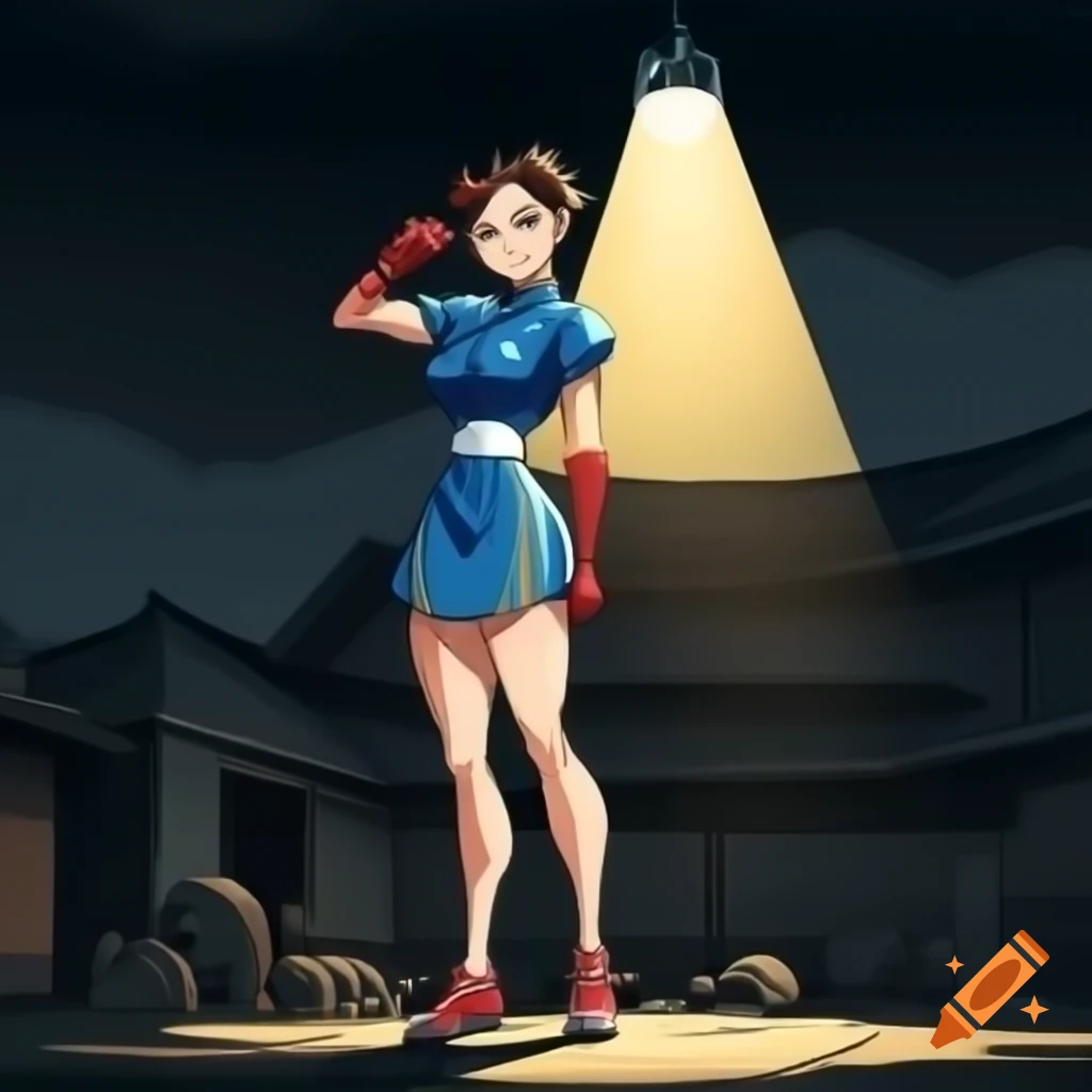 Anime depiction of Chun-li from Street Fighter with akimbo pose in front of floodlight