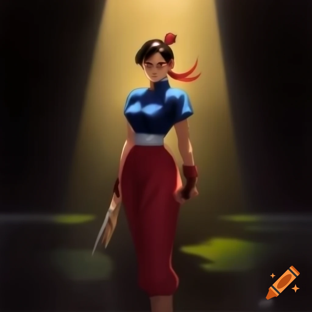 Anime character Chun-li from Street Fighter in front of floodlight