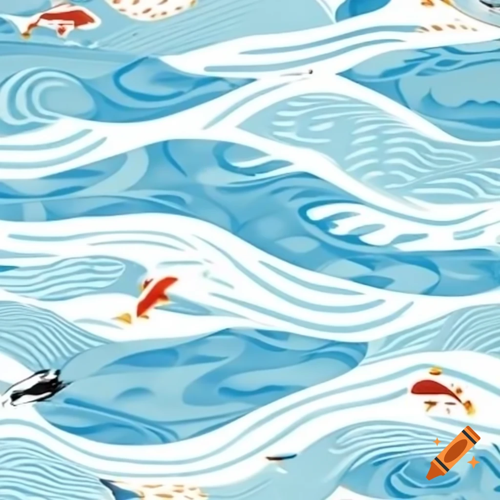 Water-themed design with wave patterns and koi fish, featuring light blue and white color palette