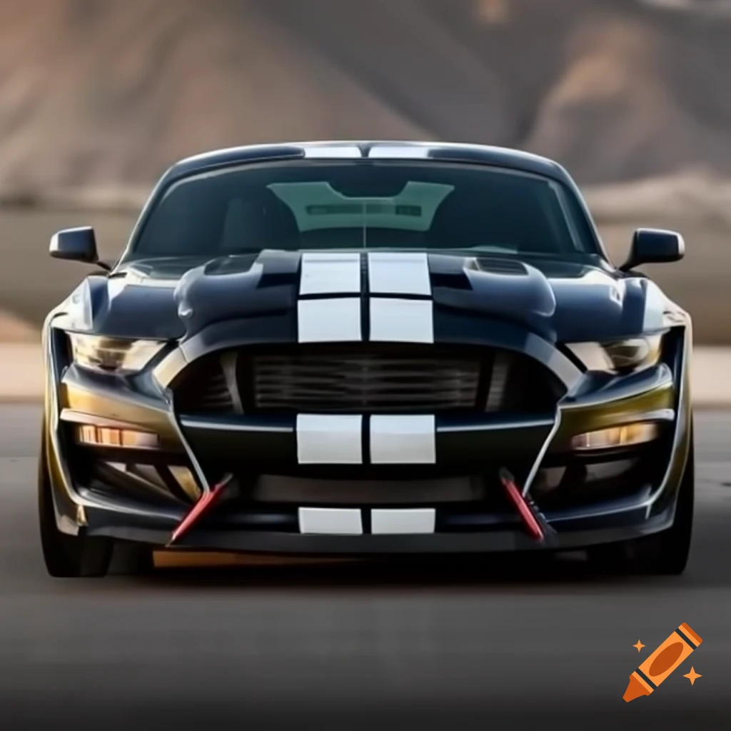 Front view of a black 2017 Ford Shelby GT350 with stripes