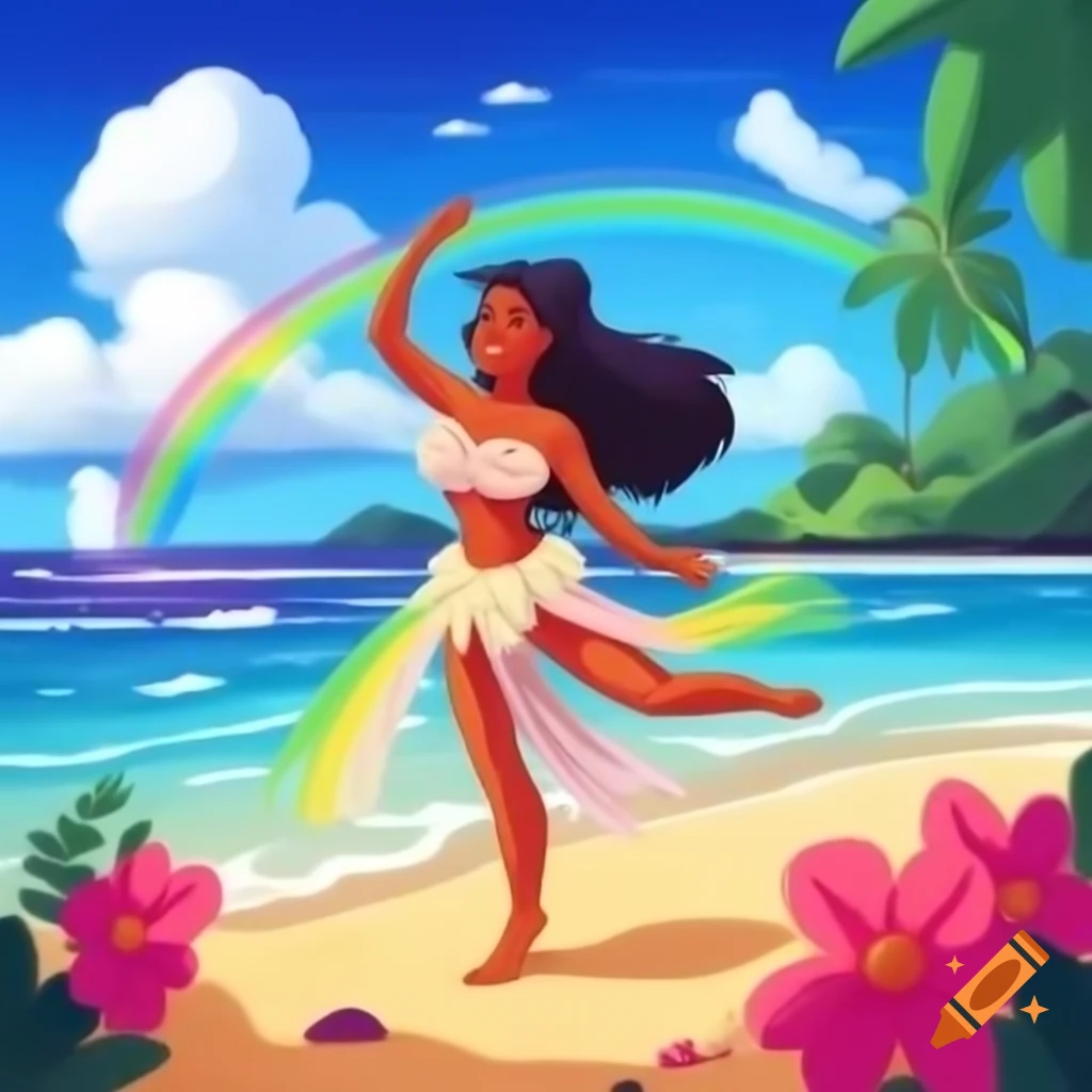 Tahiti female dancer on beach with rainbow and tropical flowers
