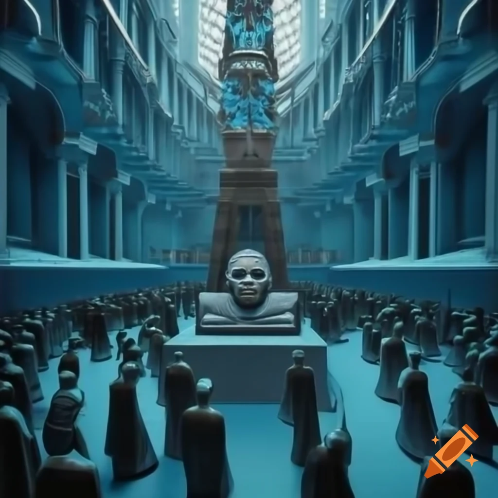 Surreal bronze engraving of church in abyssal depths with blue palette