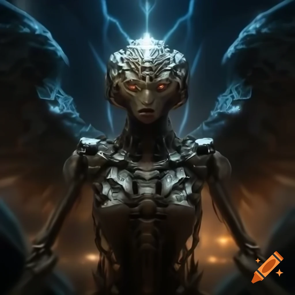Alien Angel Goddess Queen Adalline in Cosmic Dream War, calmly addressing heroes