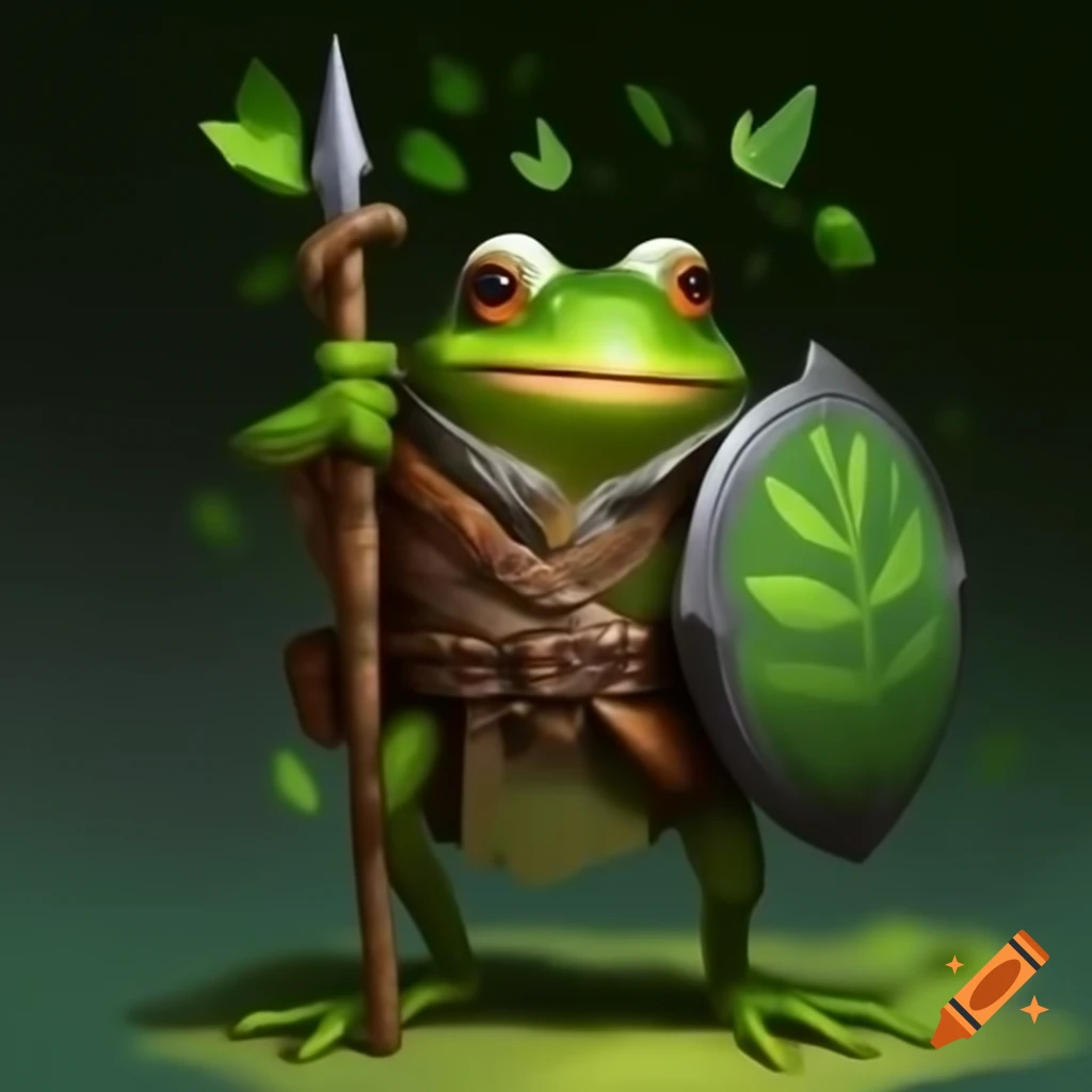 Frogman druid holding leaf shield and spear
