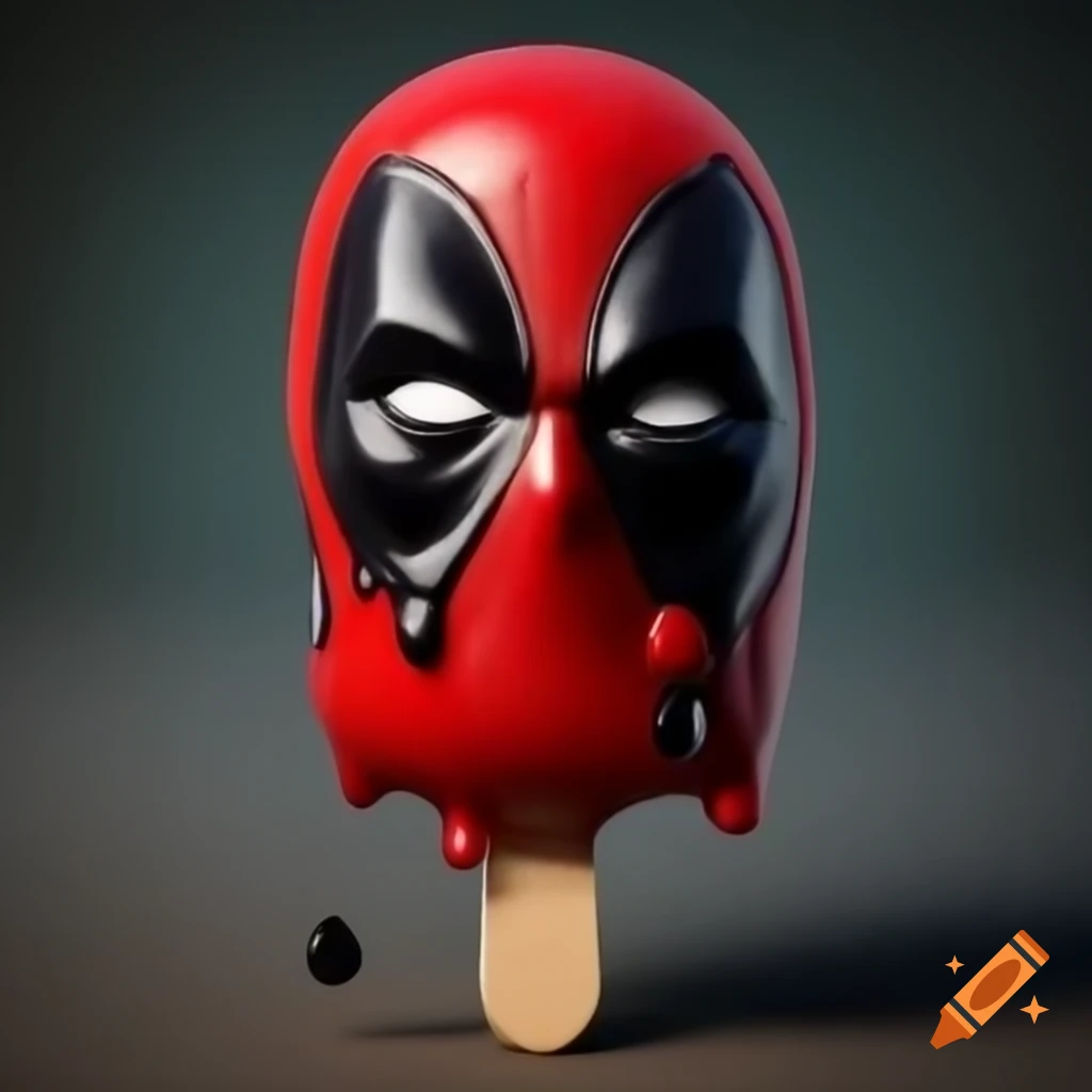 Realistic caricature of melting Deadpool head on popsicle stick