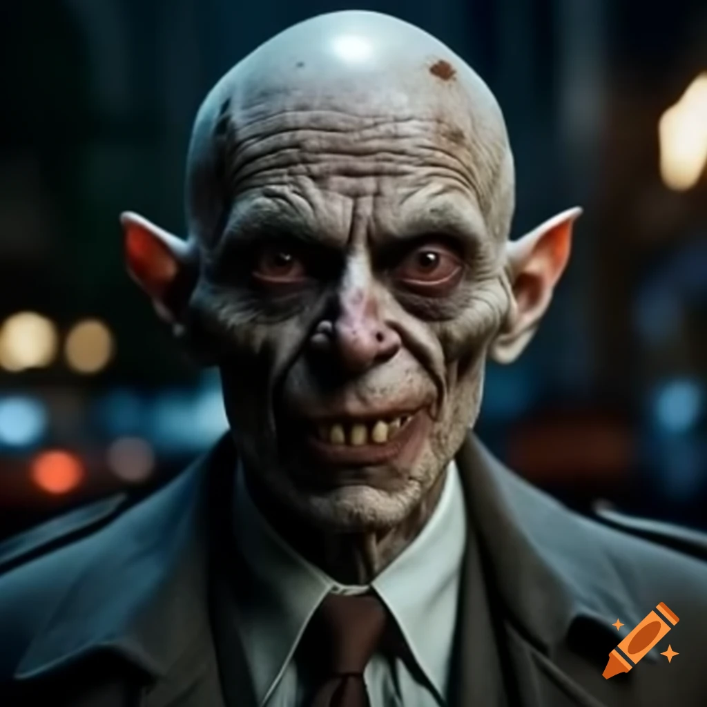 Unconventional vampire in dirty business suit in San Francisco at night
