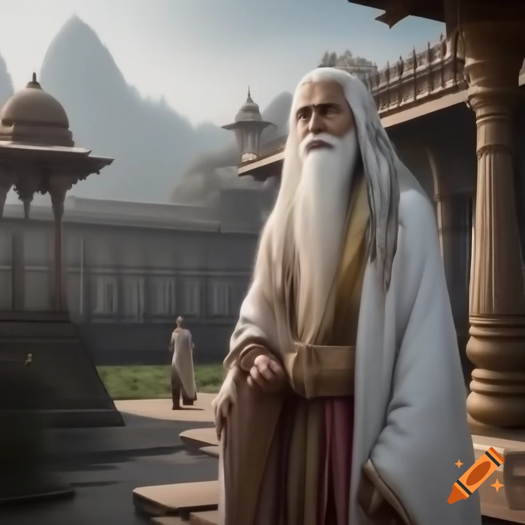 Elderly sage walking towards grand palace in ancient India