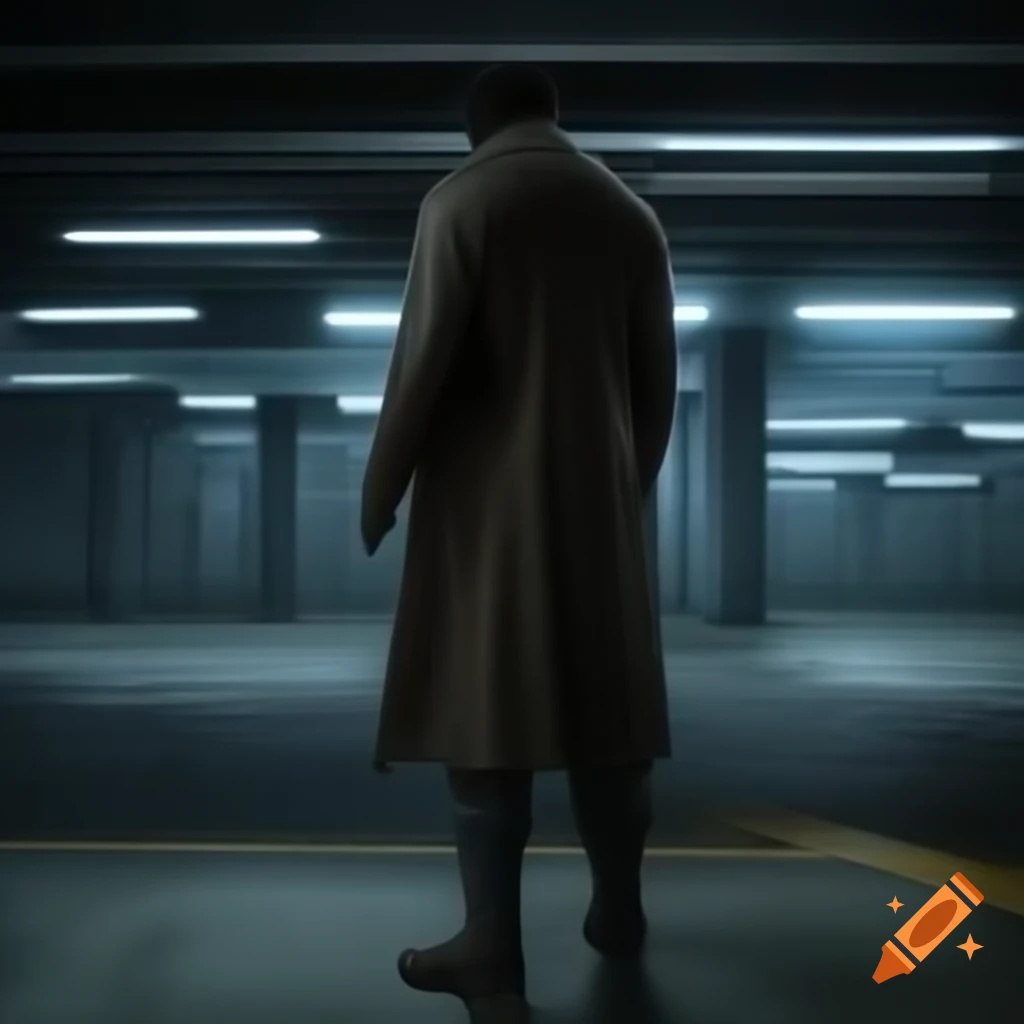 Full-length portrait of a criminal in underground parking garage with outstretched arm